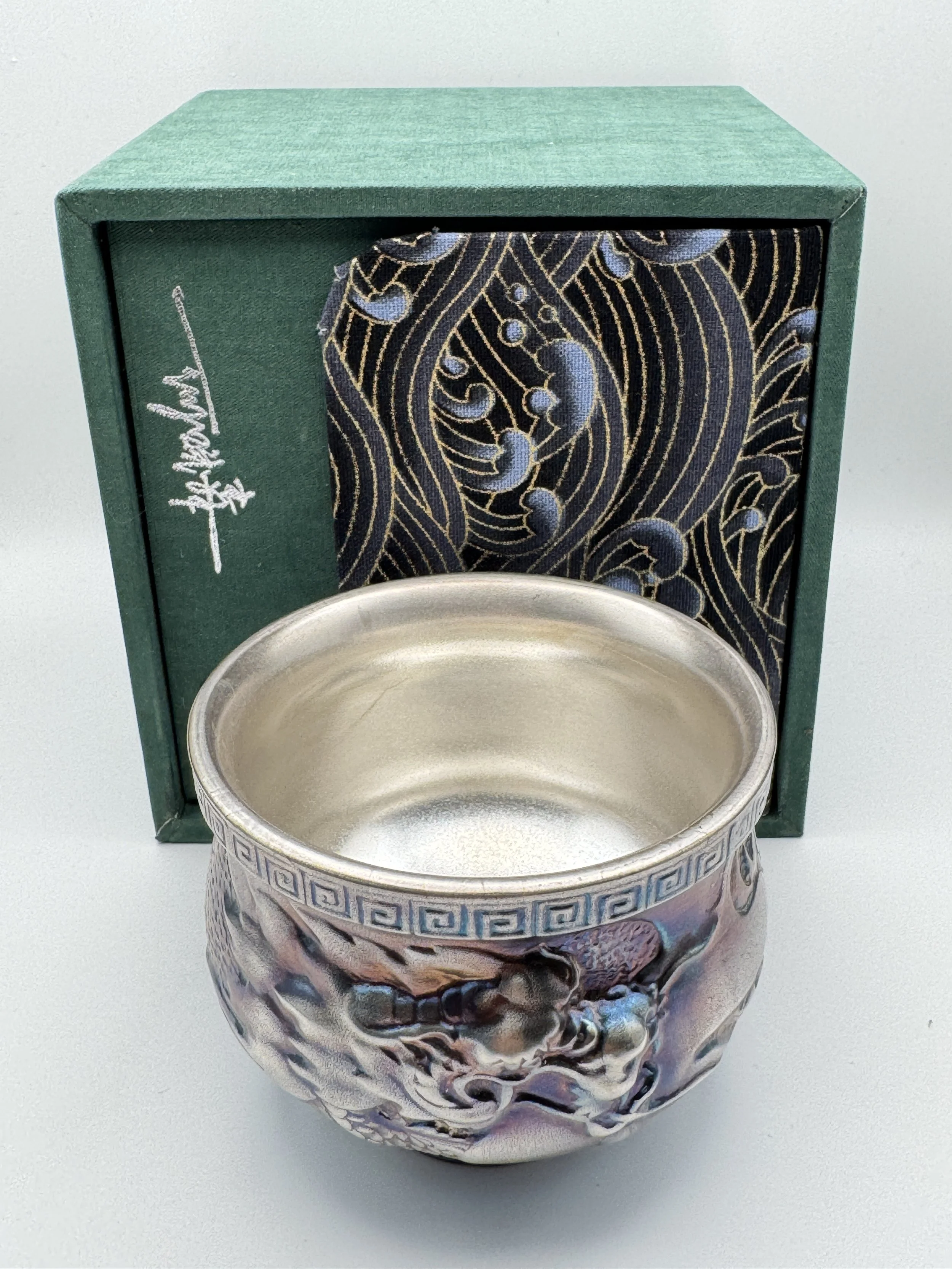 Porcelain All Silver Lined Blue Dragon Teacup