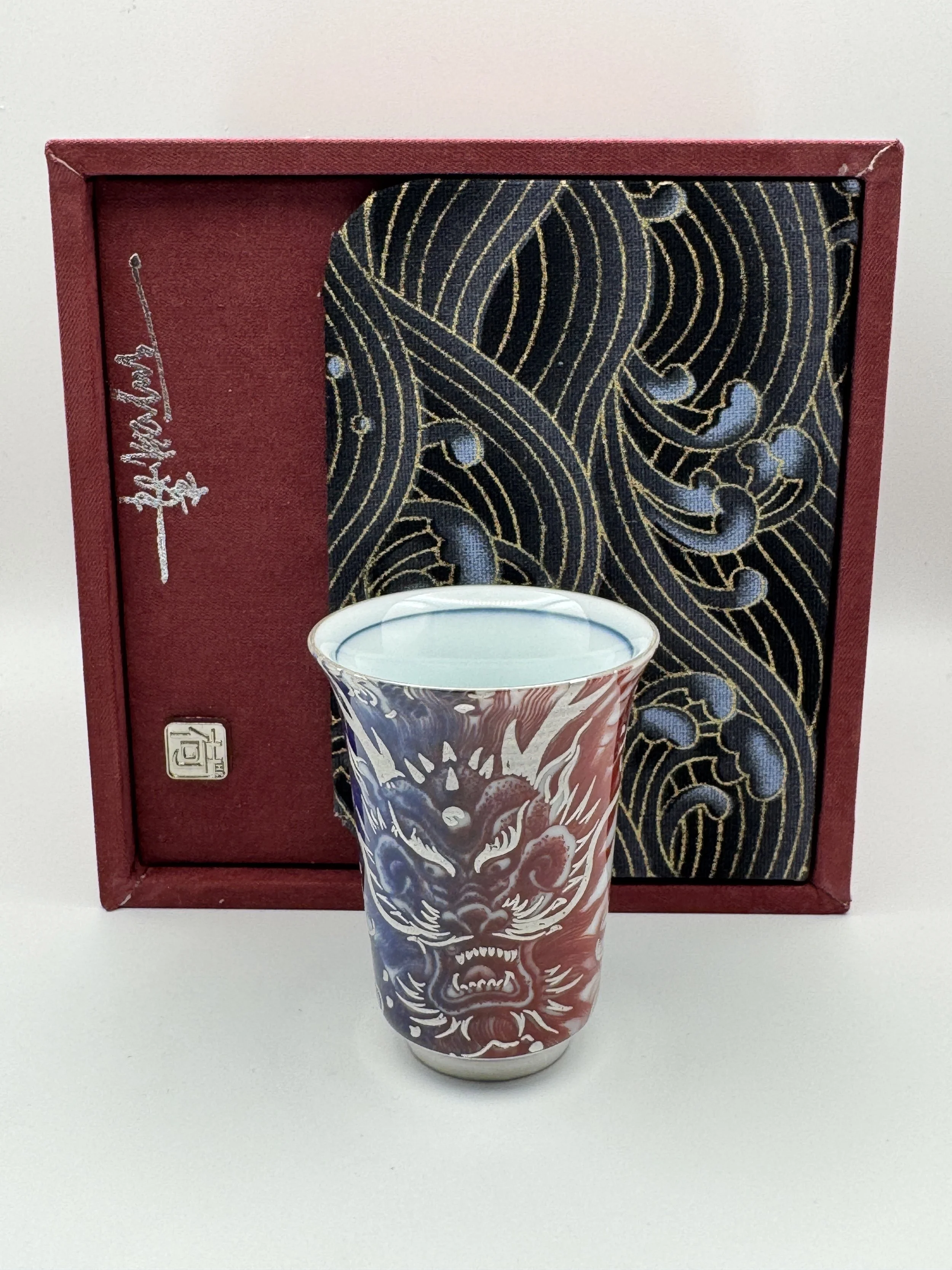 Porcelain Silver Lined Red White and Blue Dragon Shot Glass