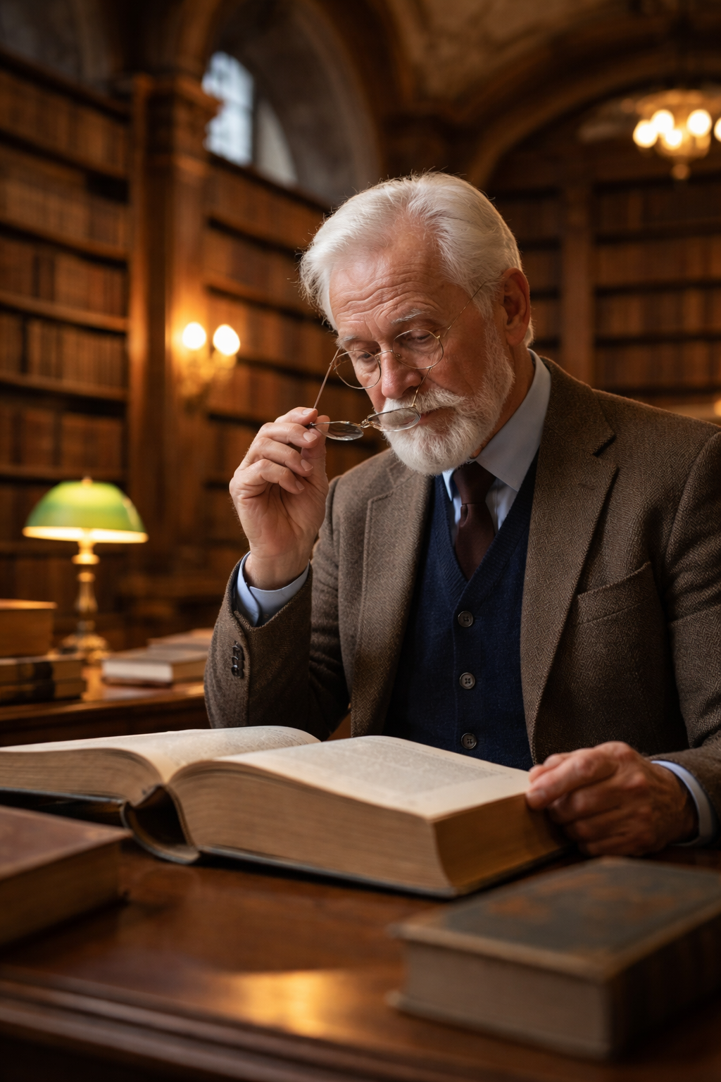 An elderly man with glasses, white hair, and a beard studying a large open book in a library.