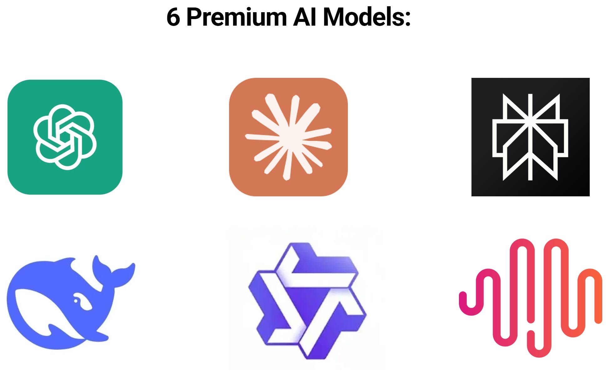 A graphic showing icons of six different premium AI models, including a green icon with a white interconnected knot, an orange icon with a white starburst, a black icon with interwoven lines, a blue whale, a purple geometric shape, and a pink and orange bar graph.