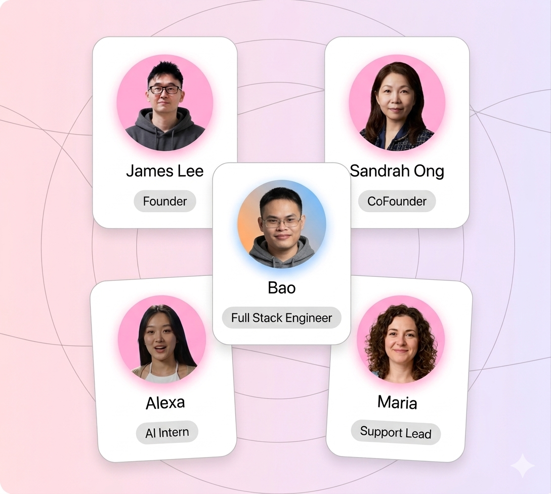 Organizational chart featuring five people with their names and titles: Bao, Full Stack Engineer, at the center; James Lee, Founder; Sandrah Ong, CoFounder; Alexa, AI Intern; and Maria, Support Lead. The background has a pink and purple gradient with curved lines.