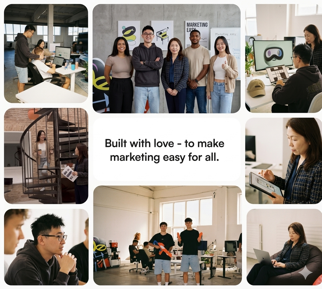 Collage of diverse young professionals working in modern office environments, attending meetings, collaborating on projects, and using digital devices, with a central message: 'Built with love — to make marketing easy for all.'