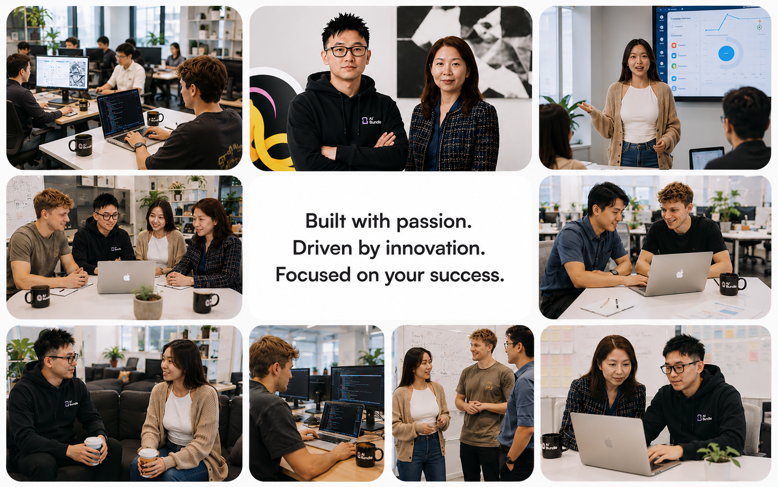 A collage of eight photos of people in an office environment, working on laptops, in meetings, and presenting. The center features text that reads, "Built with passion. Driven by innovation. Focused on your success."