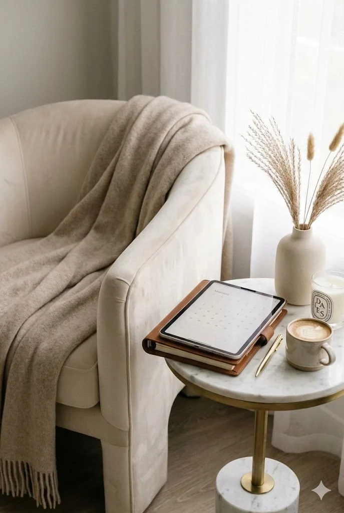 Cozy living room corner with a white armchair draped with a beige throw blanket, next to a round marble side table holding a tablet, notebooks, pen, vase with dried grasses, candle, and a cup of coffee.