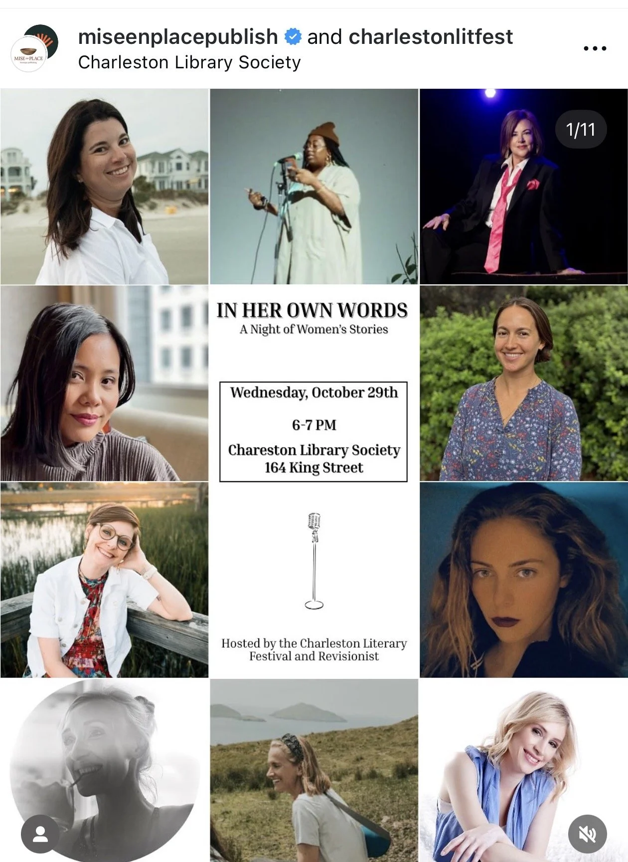 Social media graphic for an event titled 'In Her Own Words: A Night of Women's Stories' featuring photos of diverse women, event details including date, time, location, and host information.