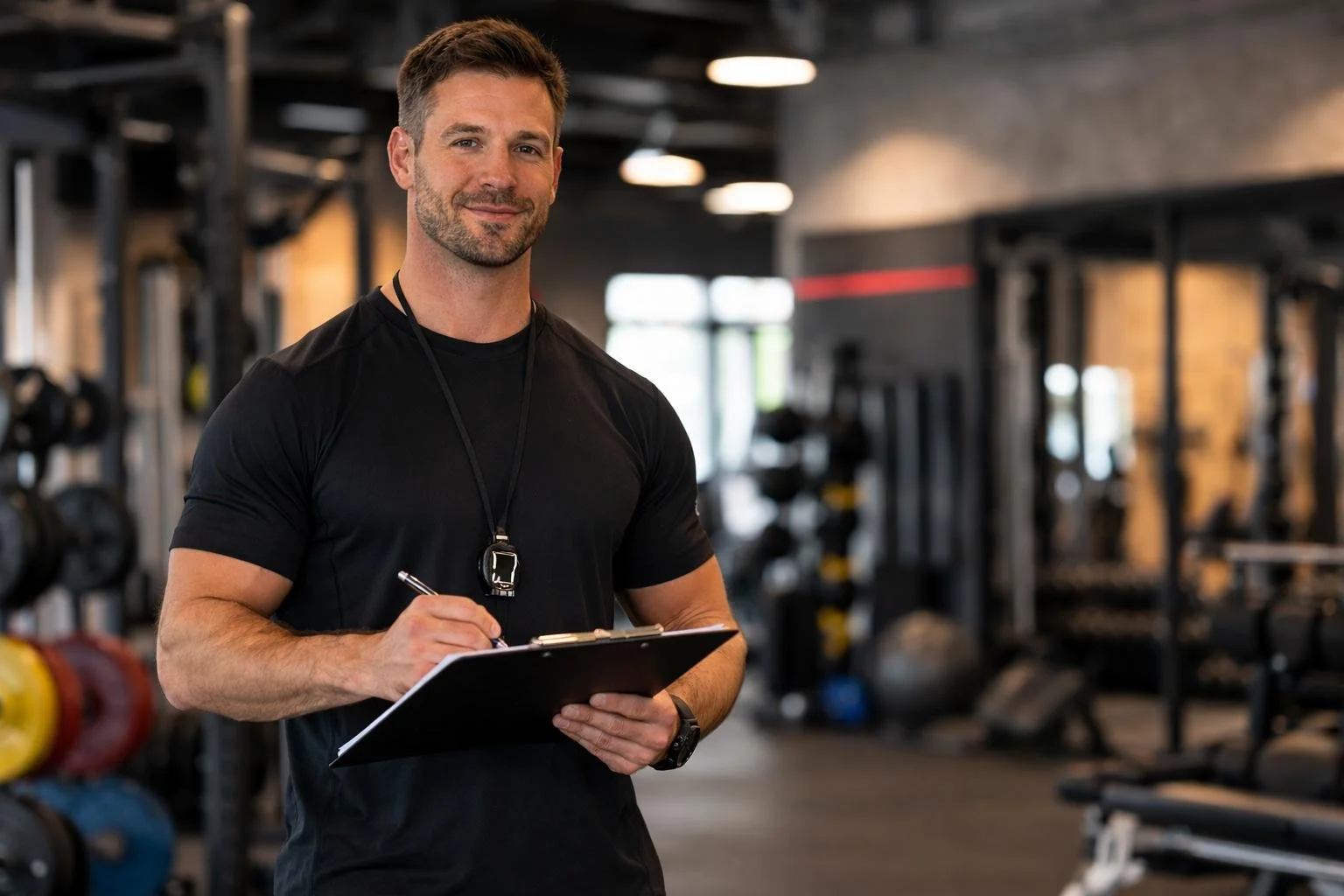 A fit man in a black shirt holding a clipboard and pen, standing inside a gym with weight racks and exercise equipment in the background.