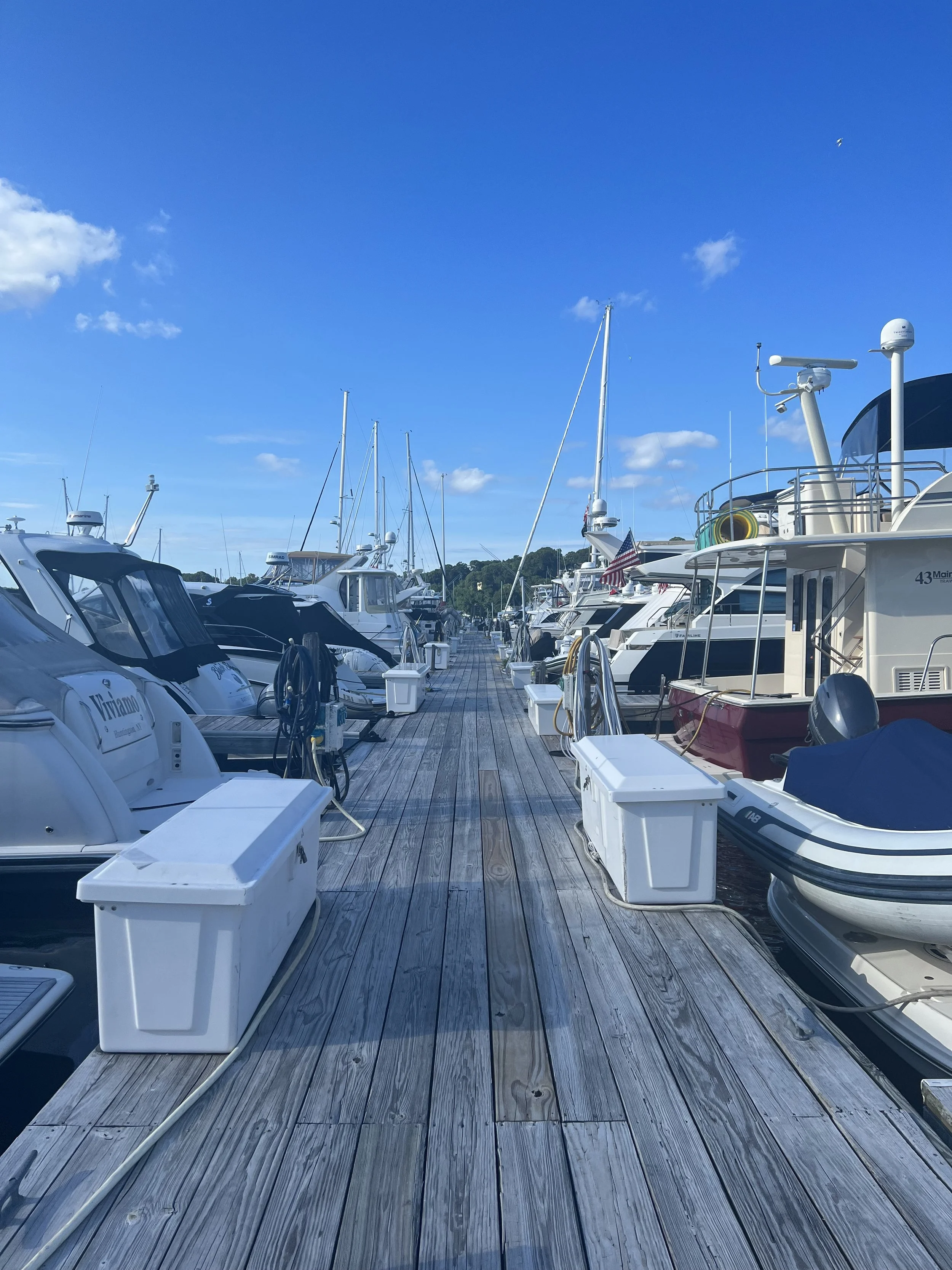 Marina dock filled with yachts and boats under a clear blue sky.