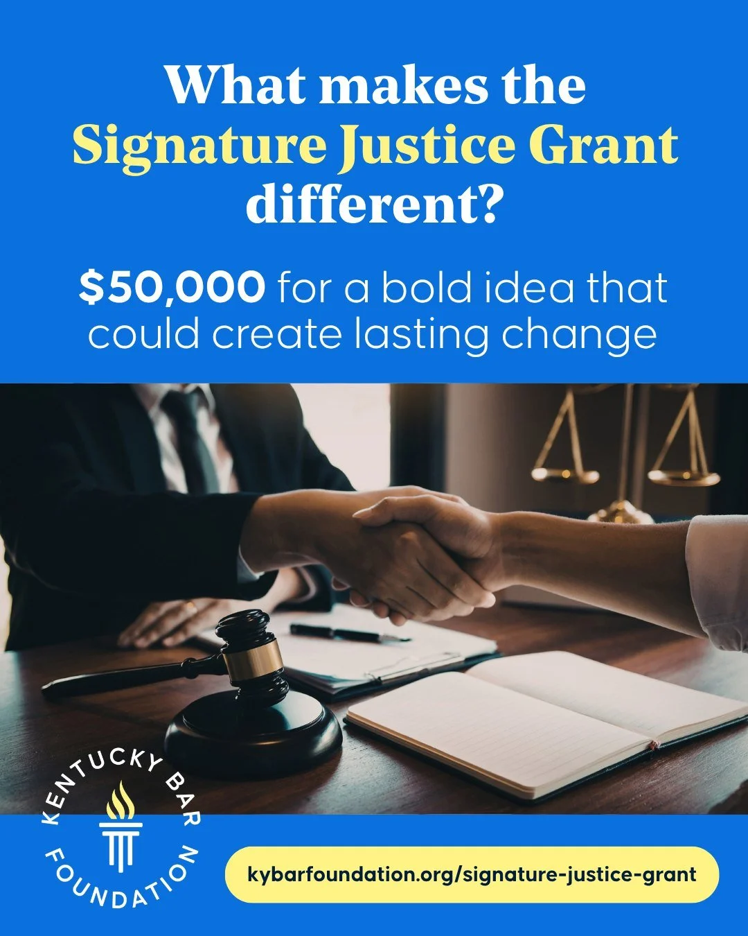 What makes the Signature Justice Grant different?

The $50,000 grant is designed for a bold, innovative project that can create lasting improvements in access to justice or legal education in Kentucky.
 
Swipe to learn more about  the kinds of projec