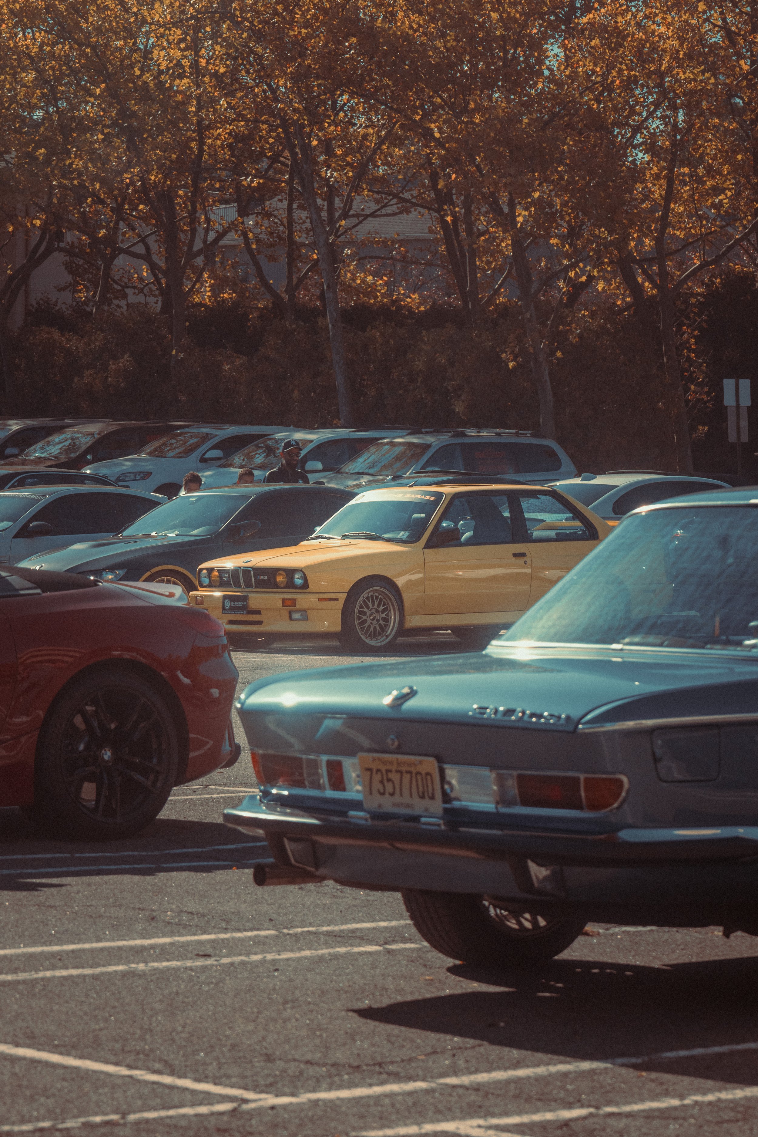 A parking lot filled with various cars, including a vintage gray sports car in the foreground and a yellow classic car in the middle ground, with trees with orange leaves in the background.