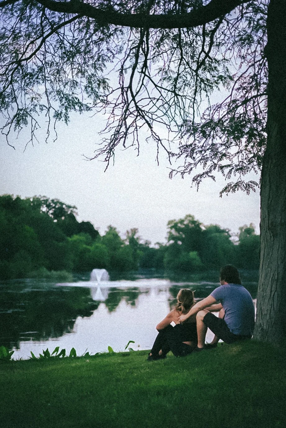 A man and a young girl sitting on the grass by a river, under a large tree, watching a swan swimming in the water during dusk.