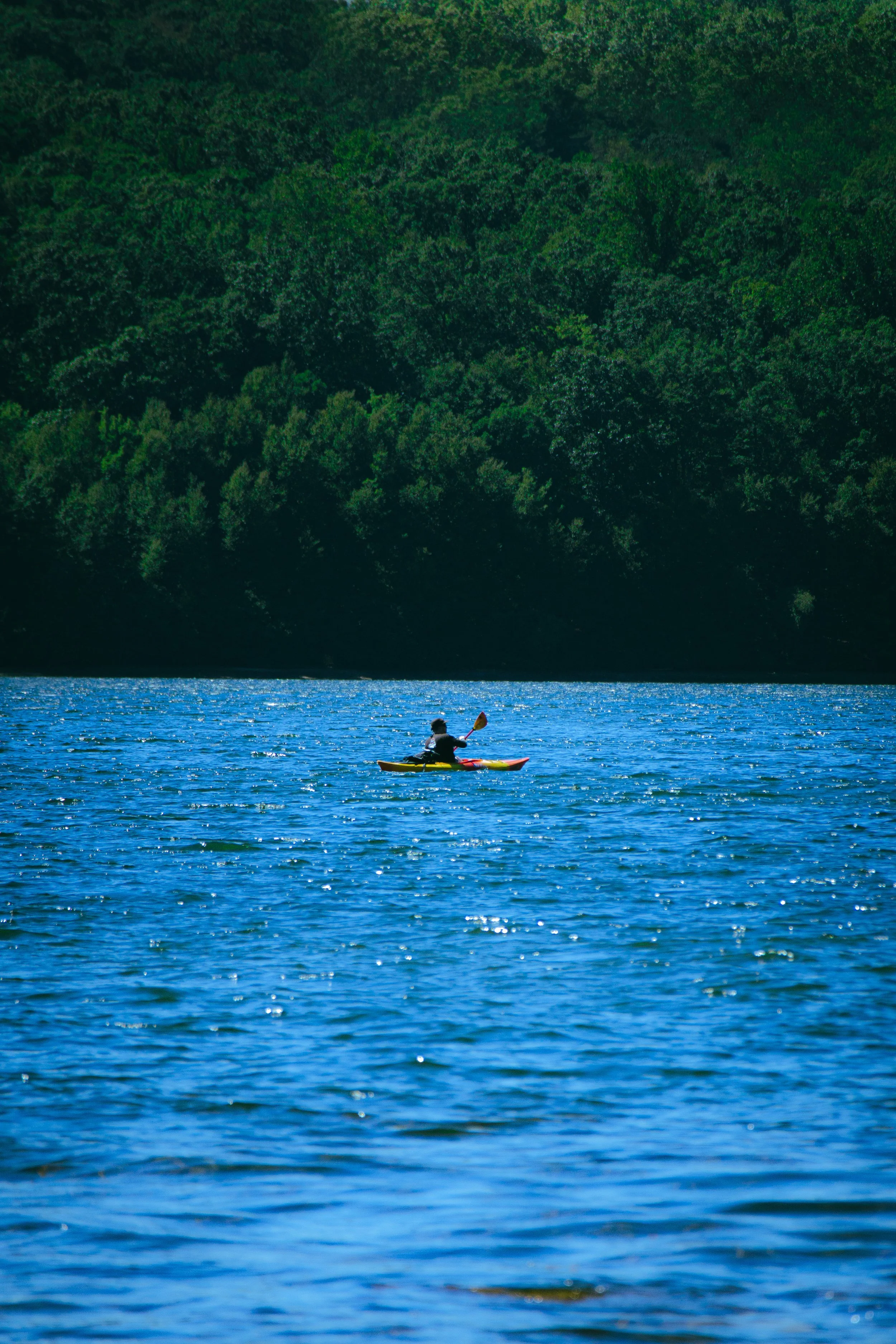 A person kayaking on a large blue lake with densely wooded green hills in the background.
