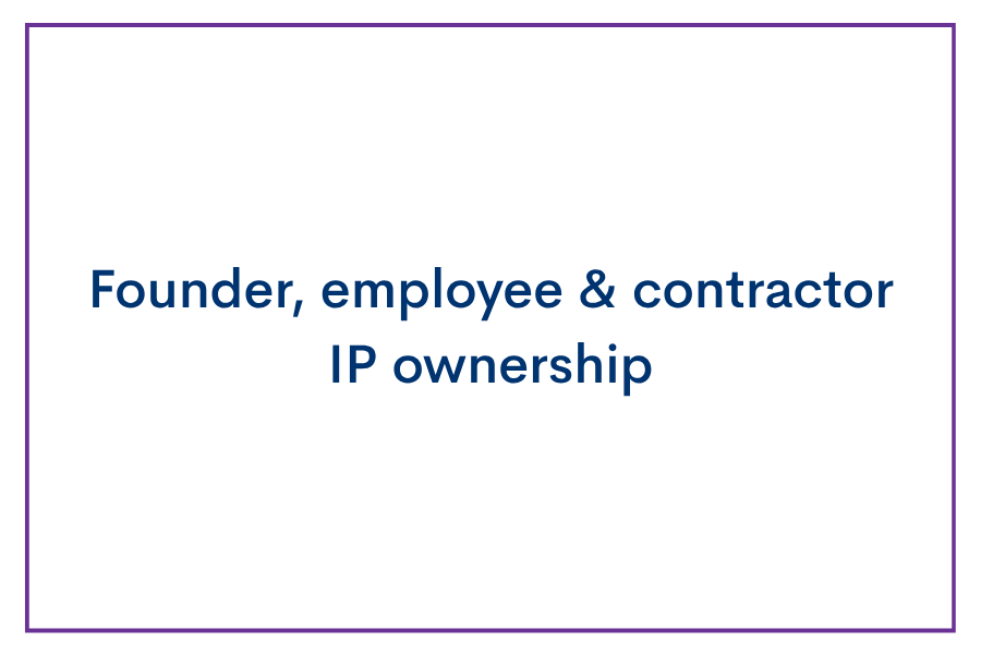 Slide with the text 'Founder, employee & contractor IP ownership' in blue font on a white background, bordered by a thin purple border.