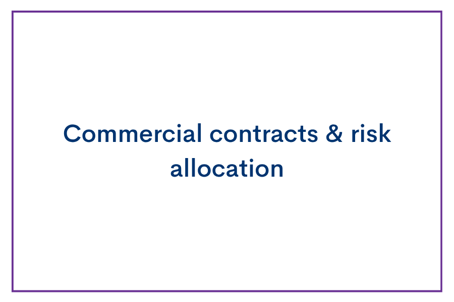 Title slide with purple border that reads 'Commercial contracts & risk allocation' in blue text.