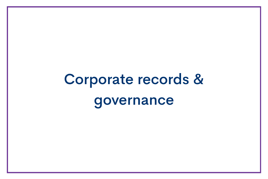 Slide with purple border titled 'Corporate records & governance' in blue text on a white background