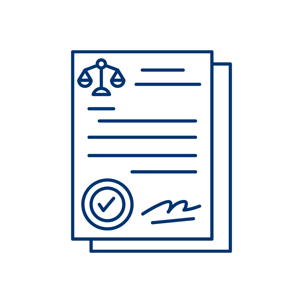 Icon of a legal document with a scales of justice symbol at the top, a check mark inside a circle at the bottom, and a signature line, representing a legal or official document.