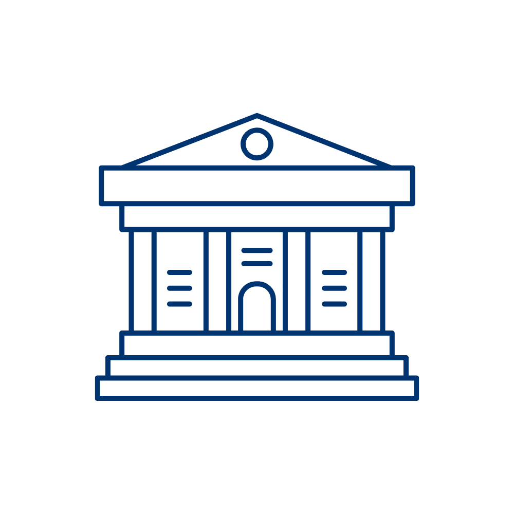 Outline of a courthouse or government building with columns and steps.