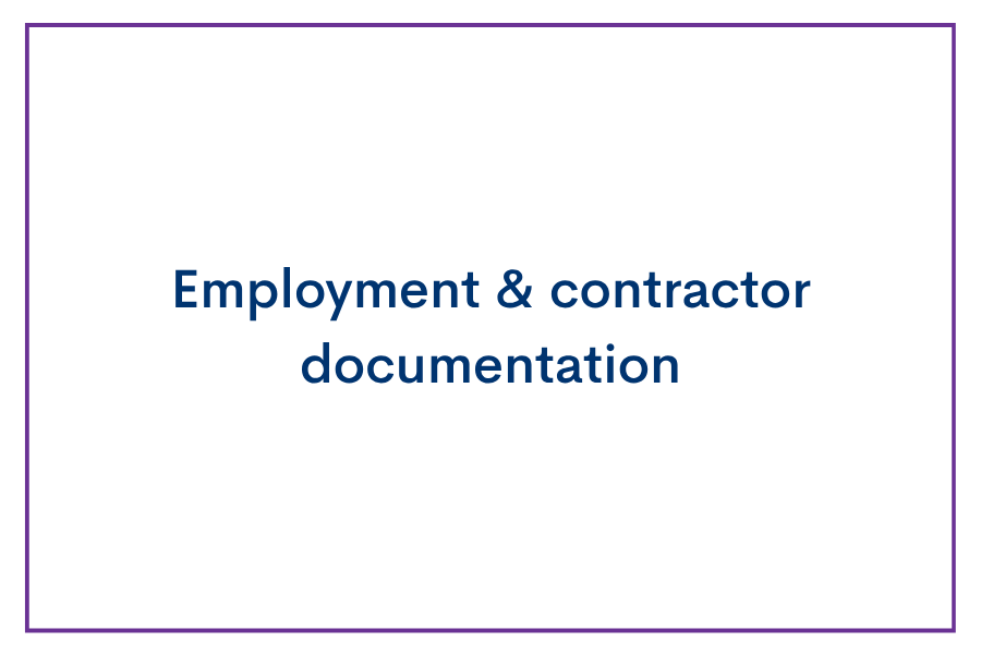 A presentation slide titled "Employment & contractor documentation" in blue text on a white background with a thin purple border.