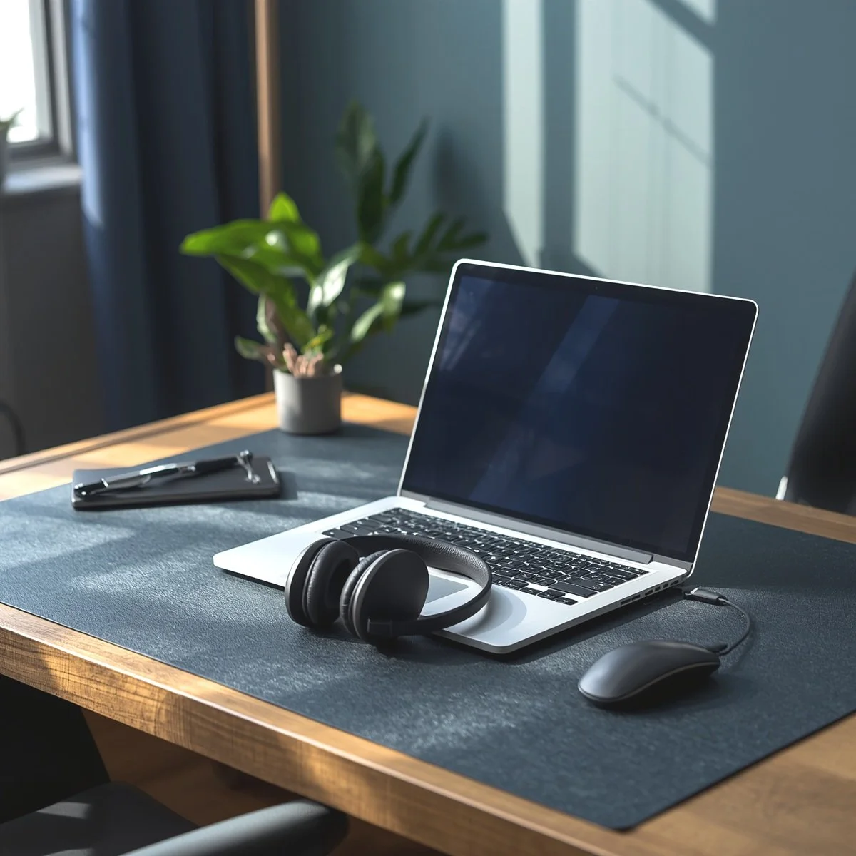 A modern workspace with a wooden desk, a laptop with a black screen, black headphones, a computer mouse, a plant in a pot, and a closed notebook with a pen, all bathed in natural light.