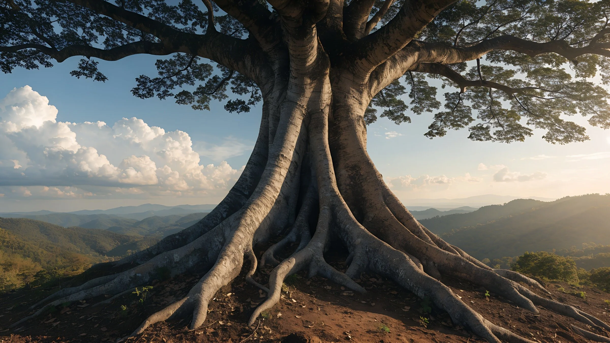 A large, ancient tree with thick roots spreading over the ground and lush green leaves, set against a backdrop of rolling hills and a partly cloudy sky during sunset.