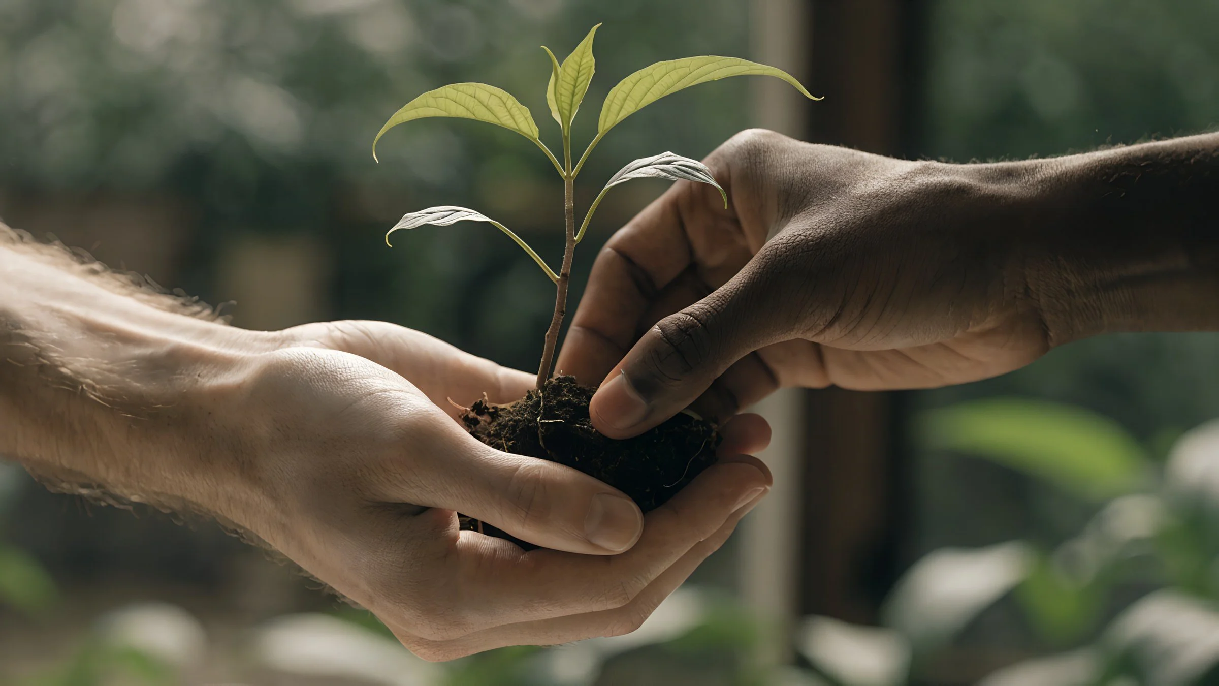 Two hands, one of a darker skin tone, holding a small plant with green leaves and soil.