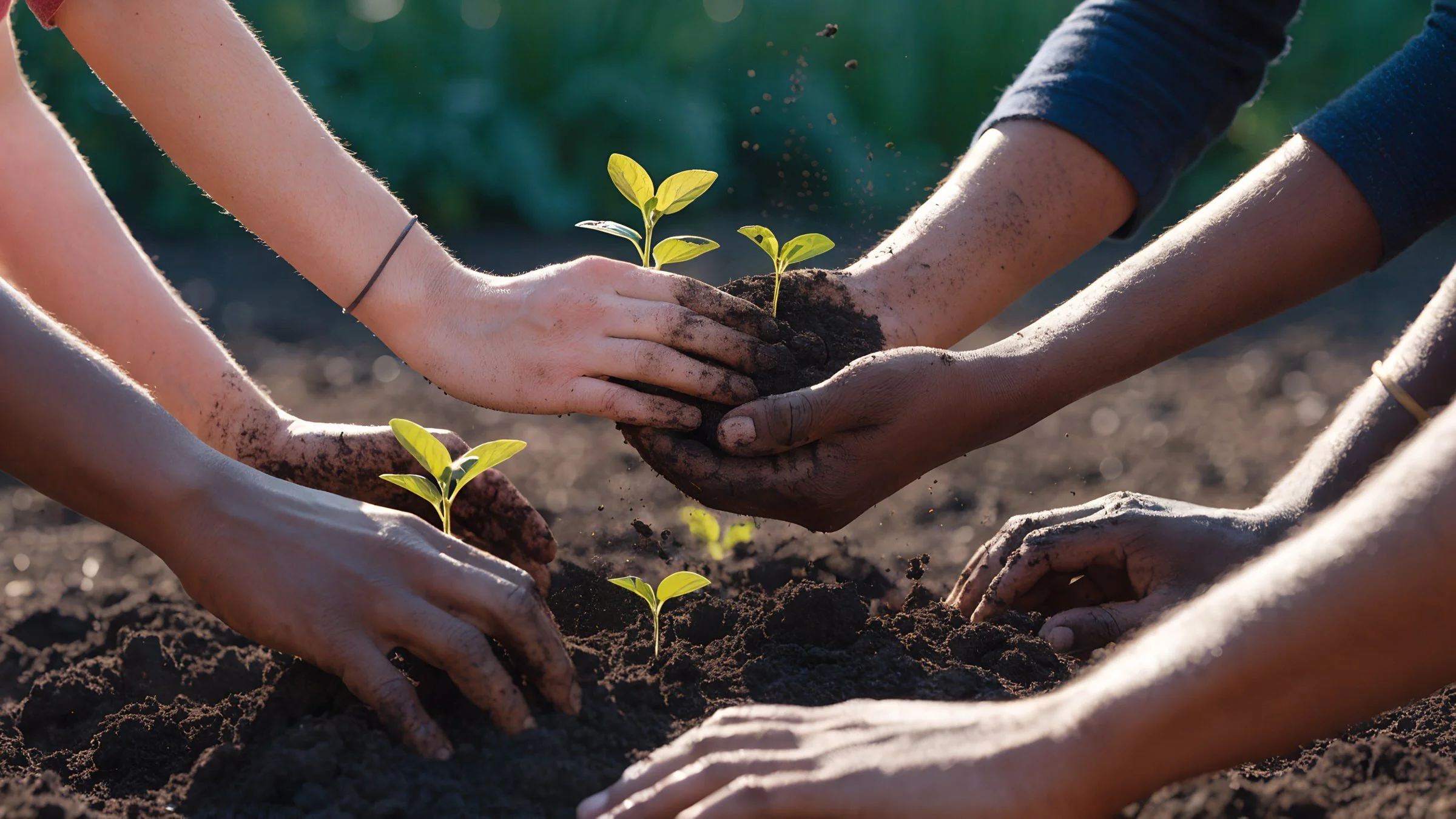 Several hands, some dirty with soil, planting small green seedlings in the soil together.