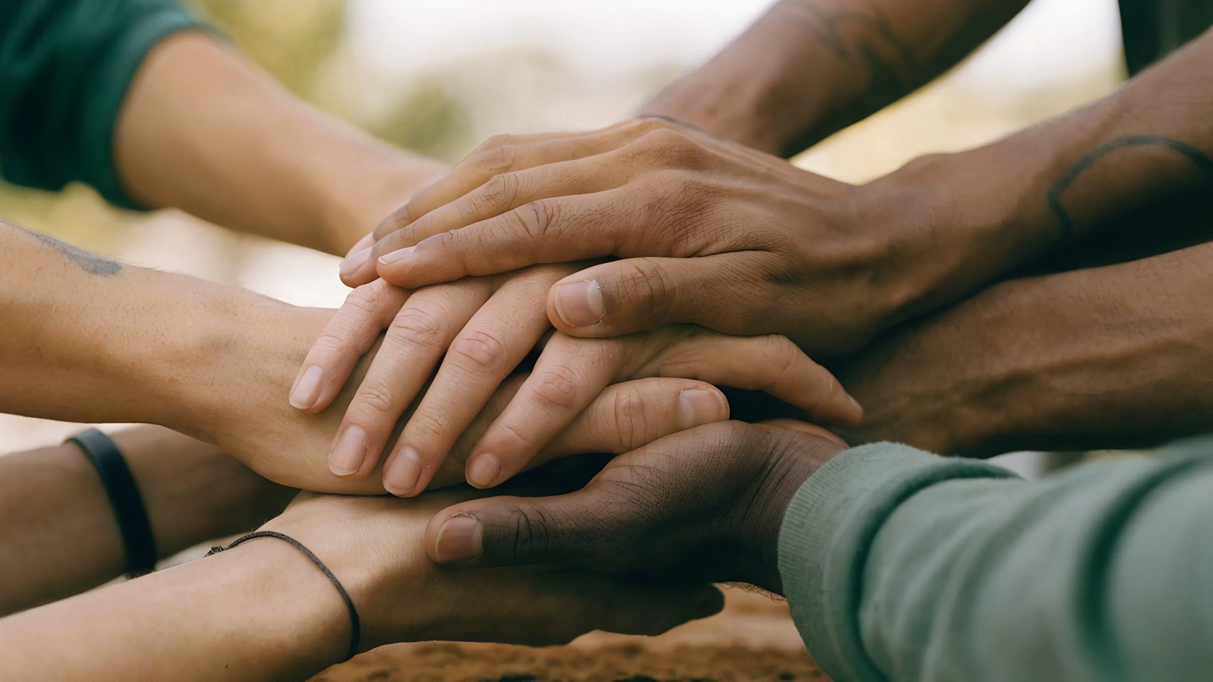 Multiple hands of diverse individuals stacked together in unity outdoors.