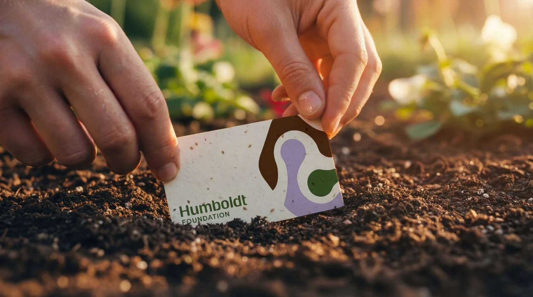 Close-up of hands planting a seedling in soil, with a tag that reads 'Humboldt FOUNDATION' and features abstract shapes in purple, green, and brown, in a garden during sunlight.