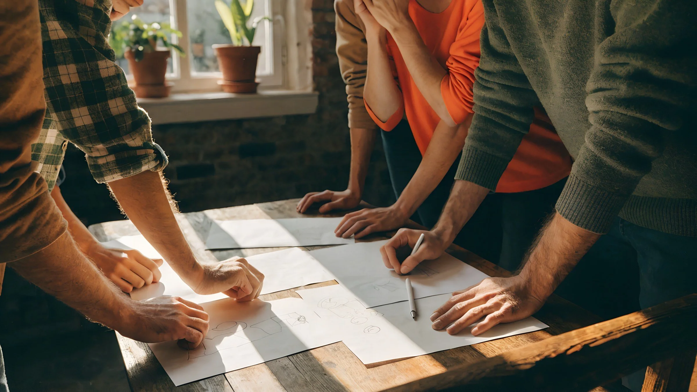 Group of people gathered around a wooden table, looking at and discussing sketches on sheets of paper, with sunlight coming through a window in the background.