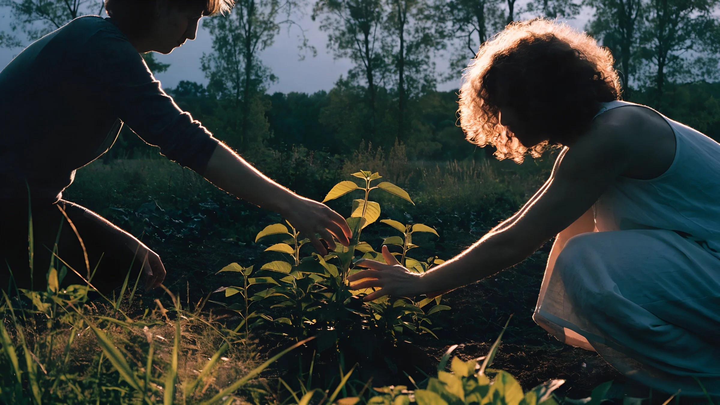 Two people, a man and a woman, planting a small sapling in a field during sunset or sunrise.
