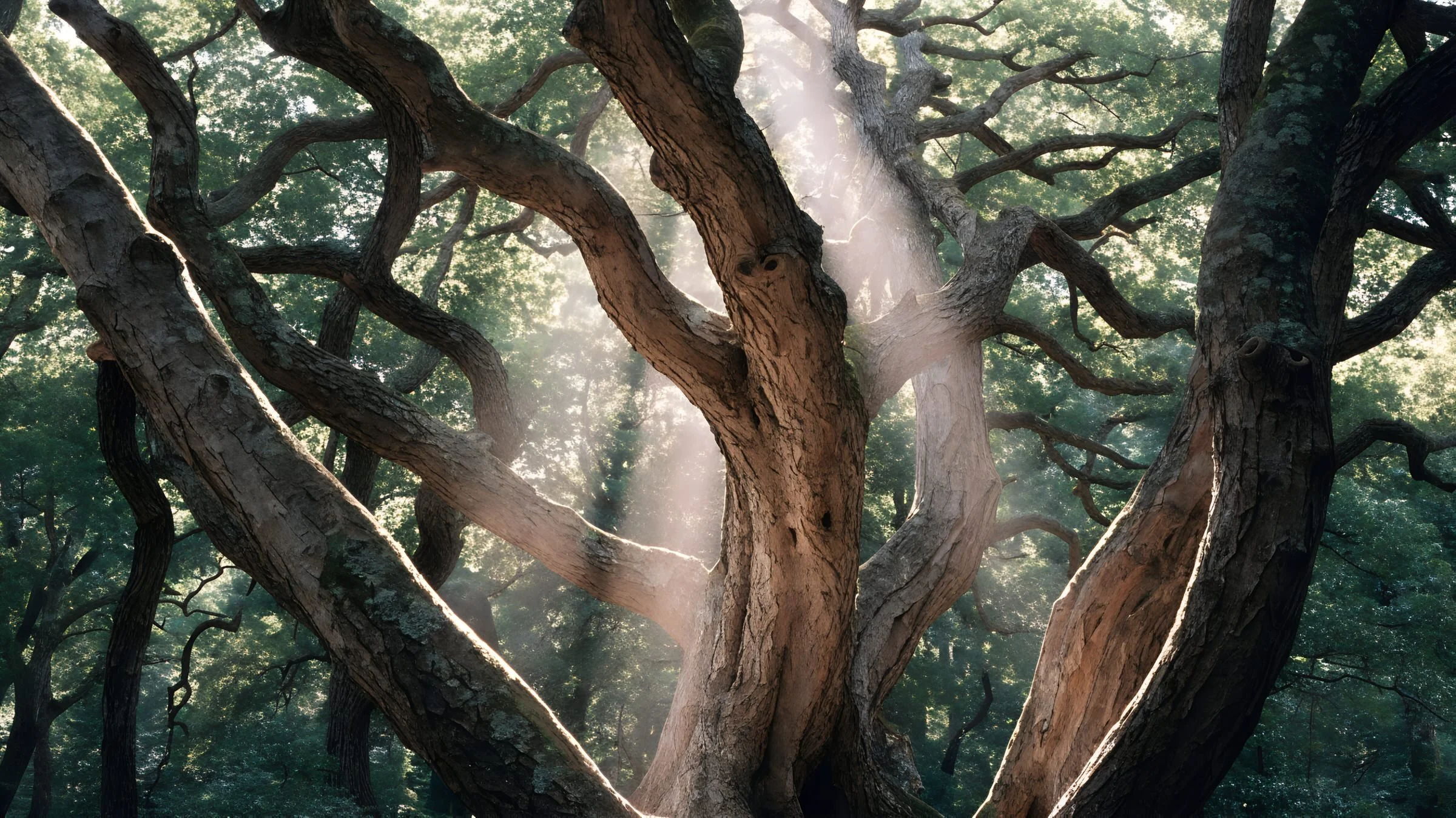 Sunlight streams through the branches of a large, ancient tree in a dense forest.