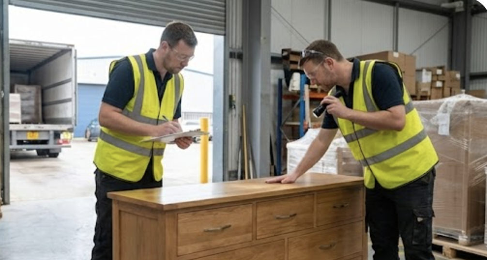 Two men in safety vests inspecting a wooden dresser in a warehouse.