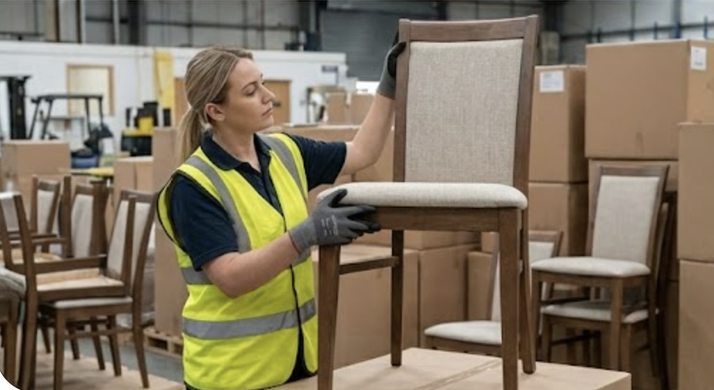 A woman in a yellow safety vest and gray gloves inspects a beige upholstered wooden chair in a warehouse with boxes and chairs in the background.