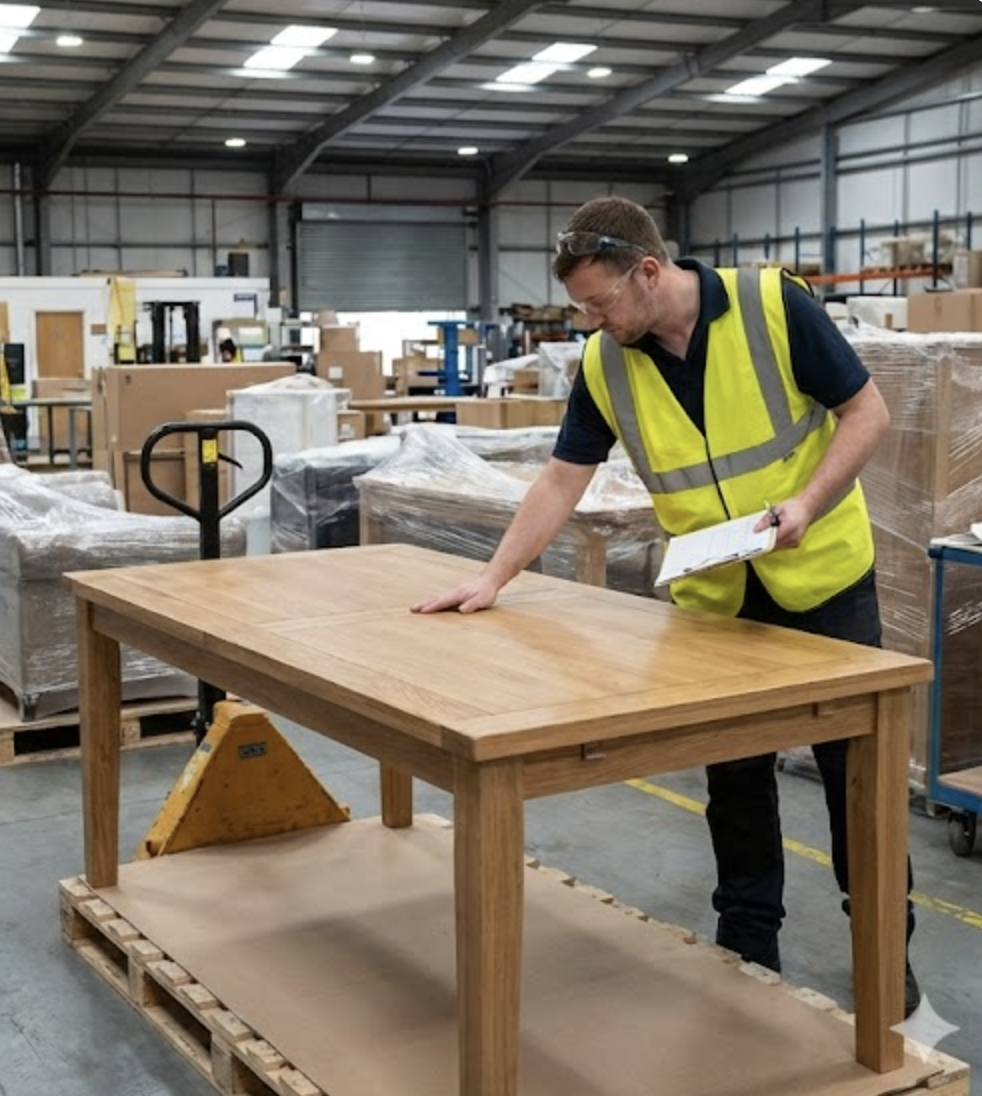A man wearing safety glasses and a yellow safety vest inspects a wooden table inside a warehouse filled with packaged furniture and boxes.