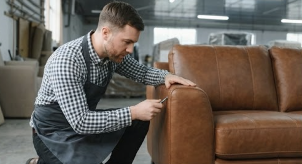 Man inspecting a brown leather sofa in a furniture workshop.