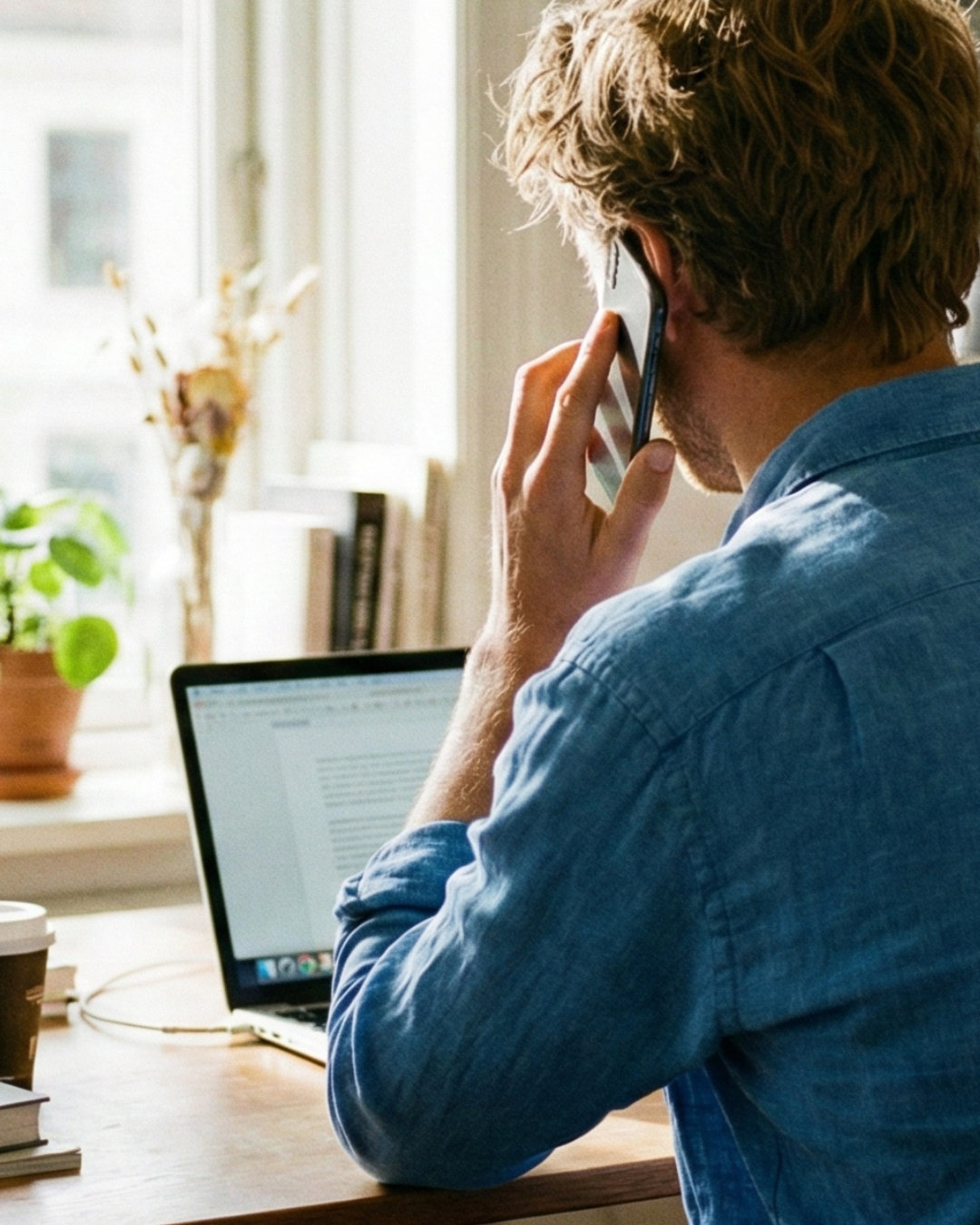 man sitting at a desk talking on the phone