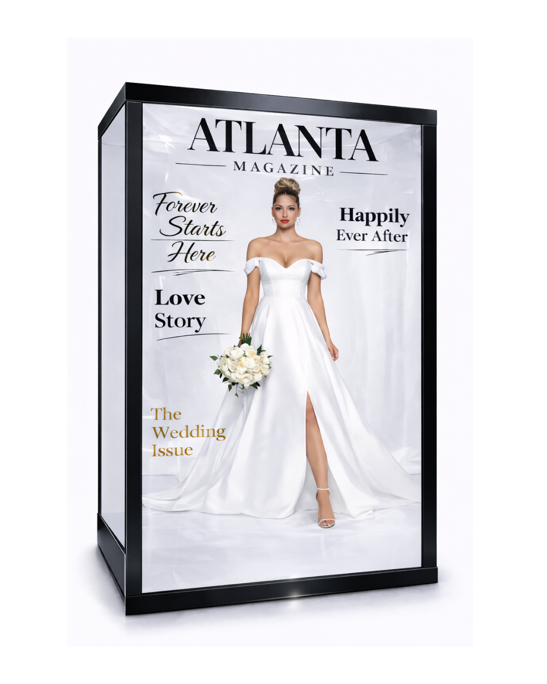 Freestanding digital display featuring the cover of Atlanta Magazine's wedding issue with a woman in a wedding gown holding a bouquet of white flowers.