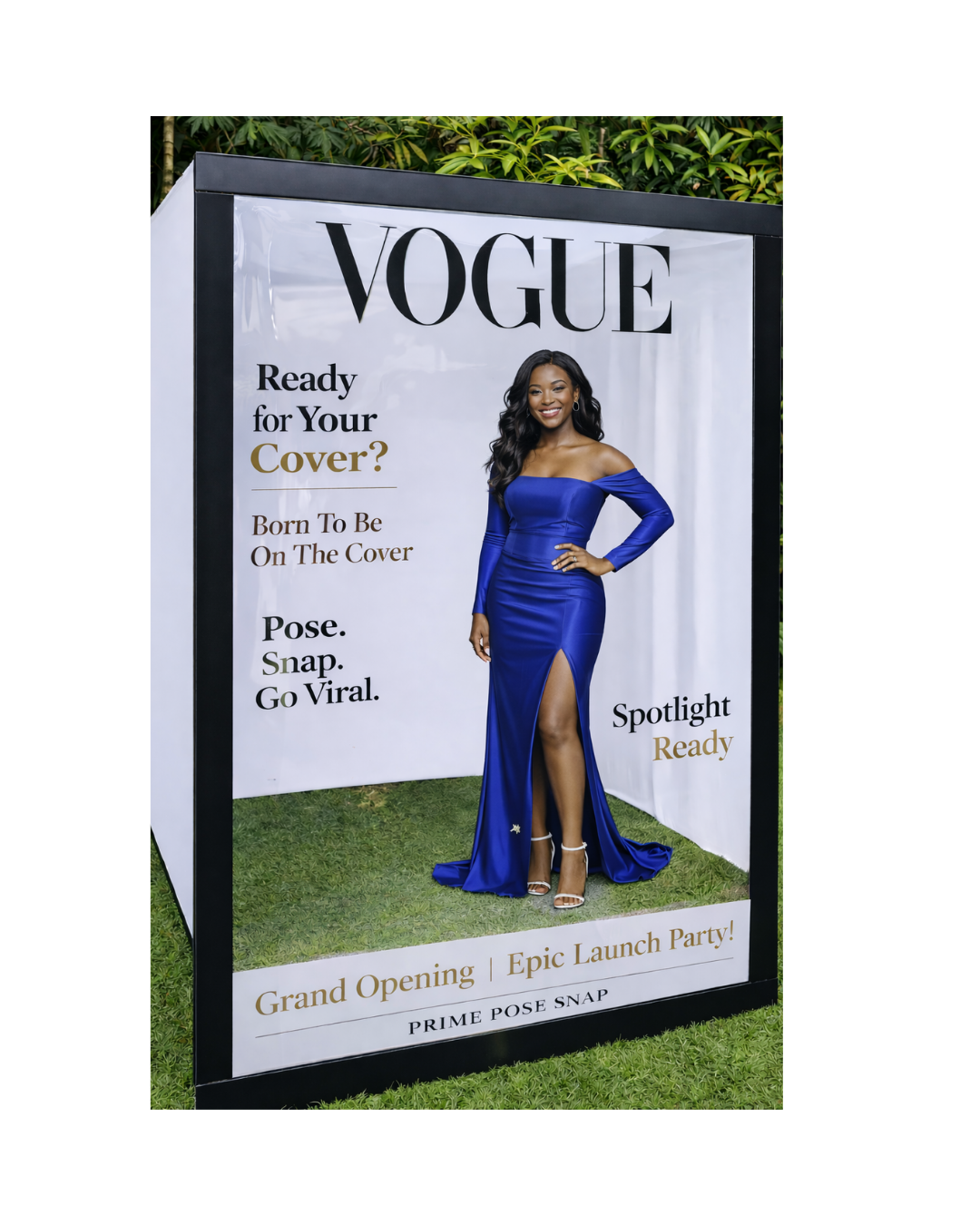 Vogue magazine cover featuring a woman in a blue gown with a high slit, standing on grass with trees in the background, promotional billboard for a grand opening and epic launch party.