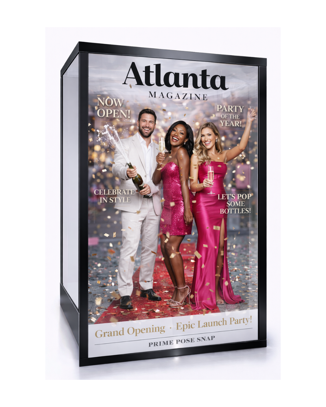 Poster advertising the grand opening of Atlanta Magazine with a celebration scene of three people in fancy attire, champagne, confetti, and city lights in the background.