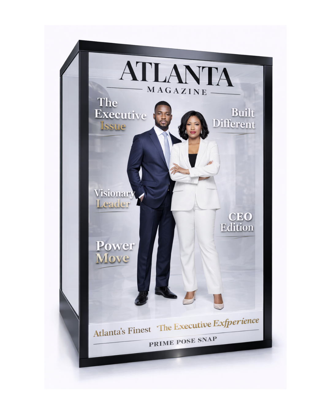 A framed magazine cover titled 'Atlanta Magazine' featuring a man and a woman in business attire standing together, with several headlines about leadership and executive success.