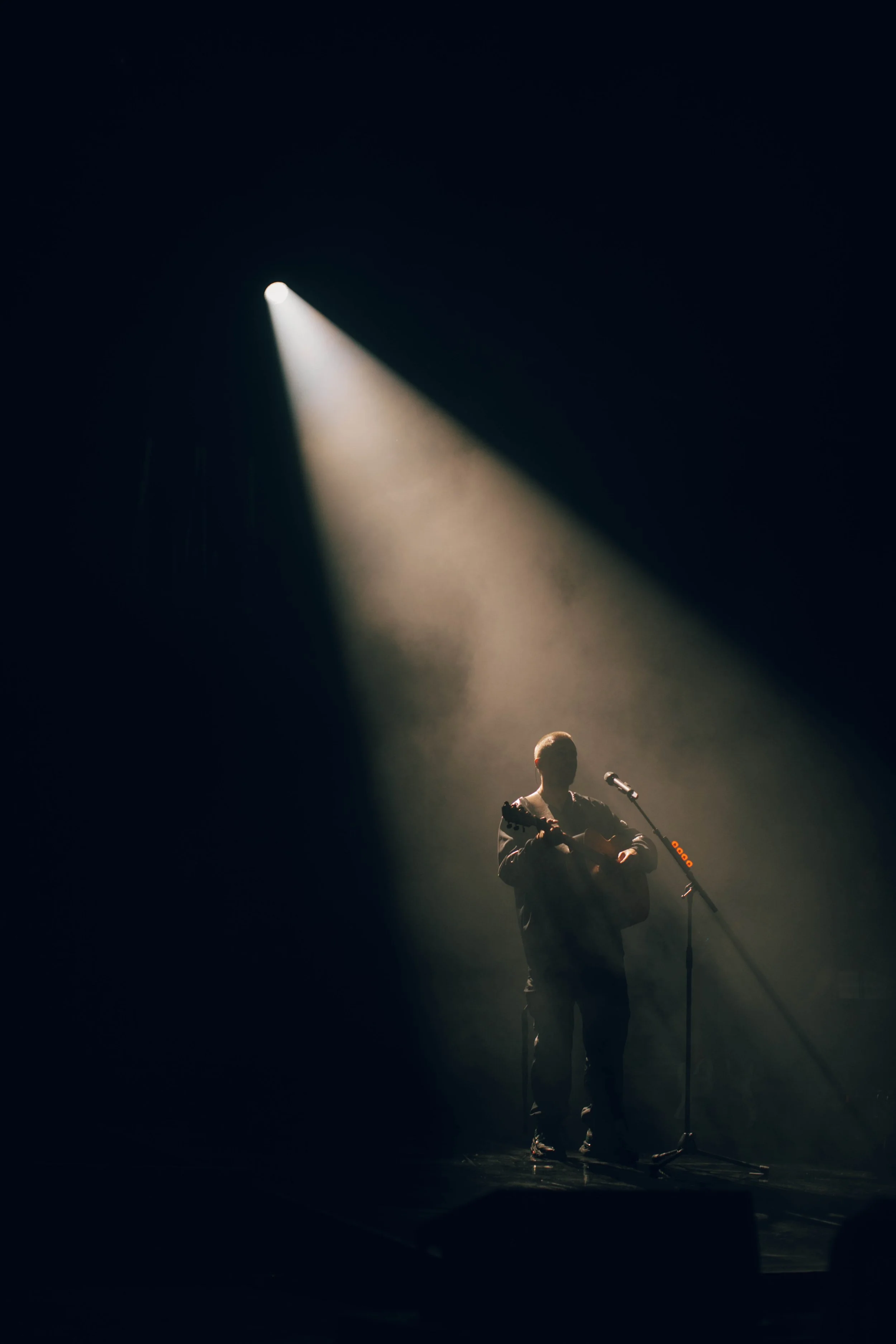 A person standing on a dark stage illuminated by a single spotlight, holding a guitar and standing near a microphone.