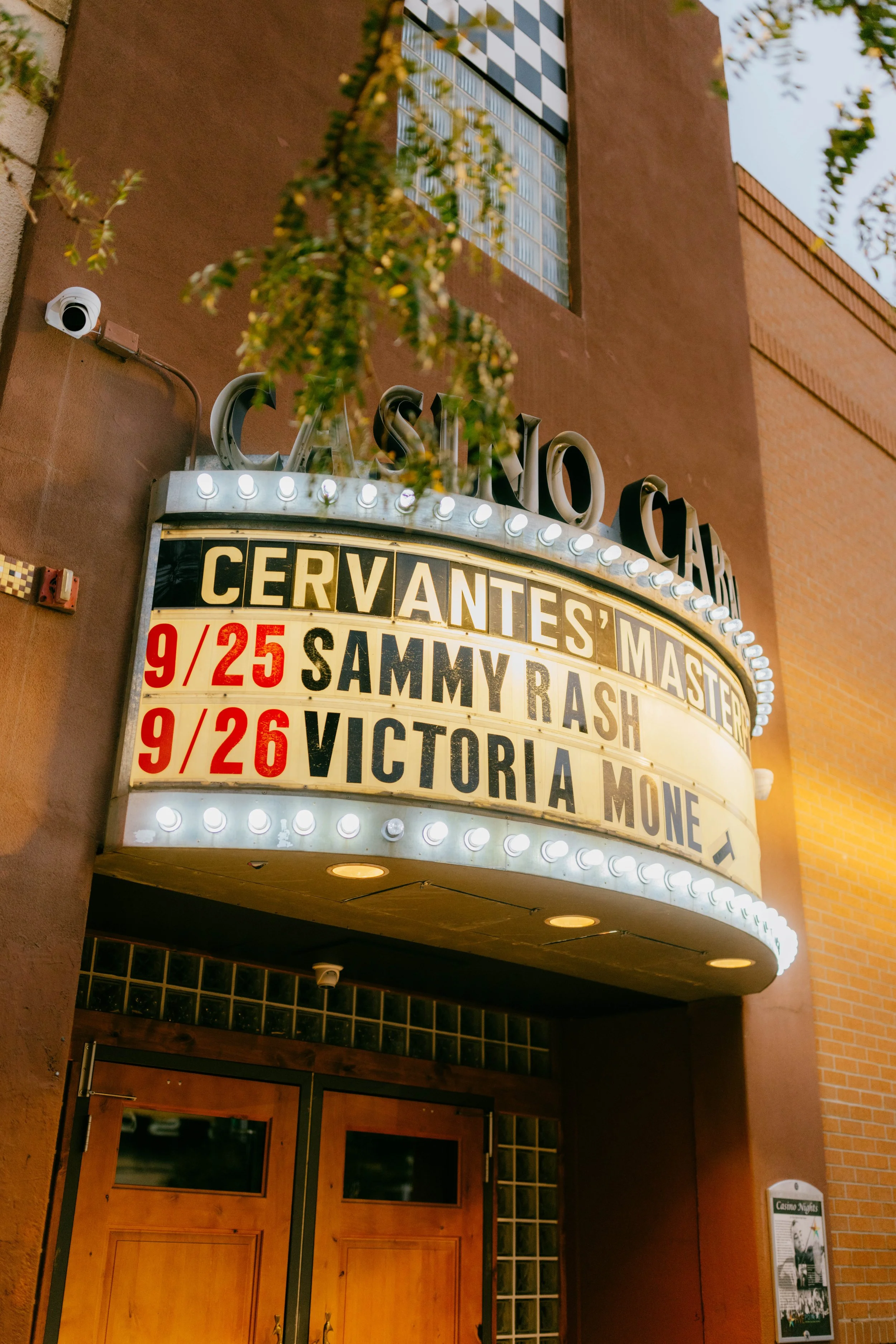 The marquee of the Castro Theatre displays upcoming movie titles and dates, including Cervantes' Master, Sammy Rash on September 25, and Victoria Mone on September 26, with the theatre's name at the top.