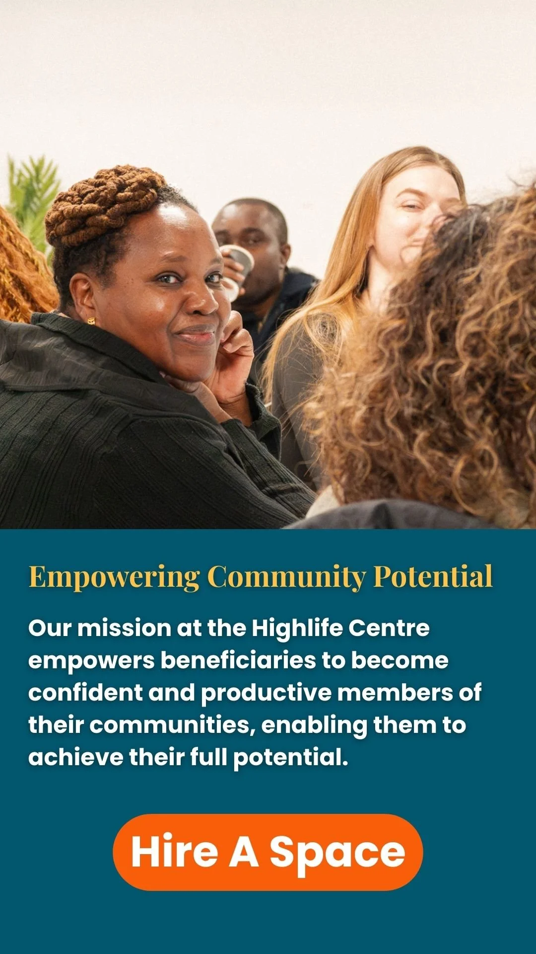 A vertical banner showing a woman looking over her shoulder while surrounded by people. The writing on the banner talks about empowering community potential