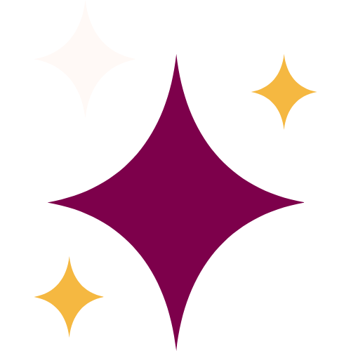 Four stylized stars, with one large purple star in the center and three smaller stars in white and gold around it on a black background.
