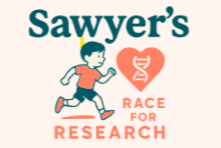 Logo for Sawyer's Race for Research featuring a running child and a heart with a DNA strand inside.