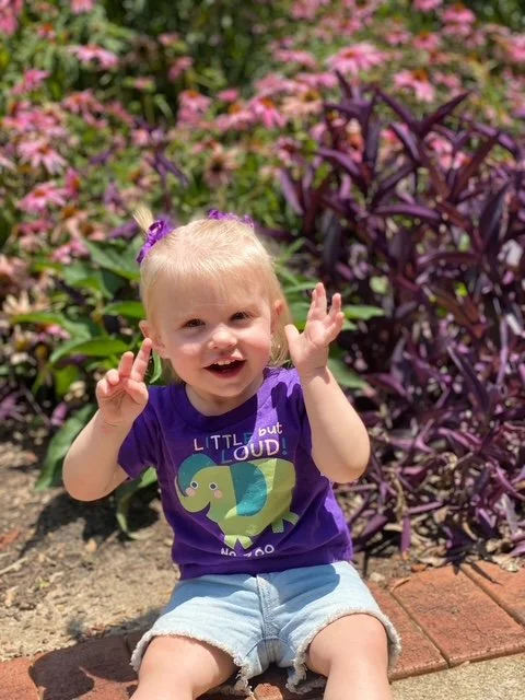 A young girl sitting outdoors on a brick edge, smiling and waving, surrounded by pink and purple flowers.
