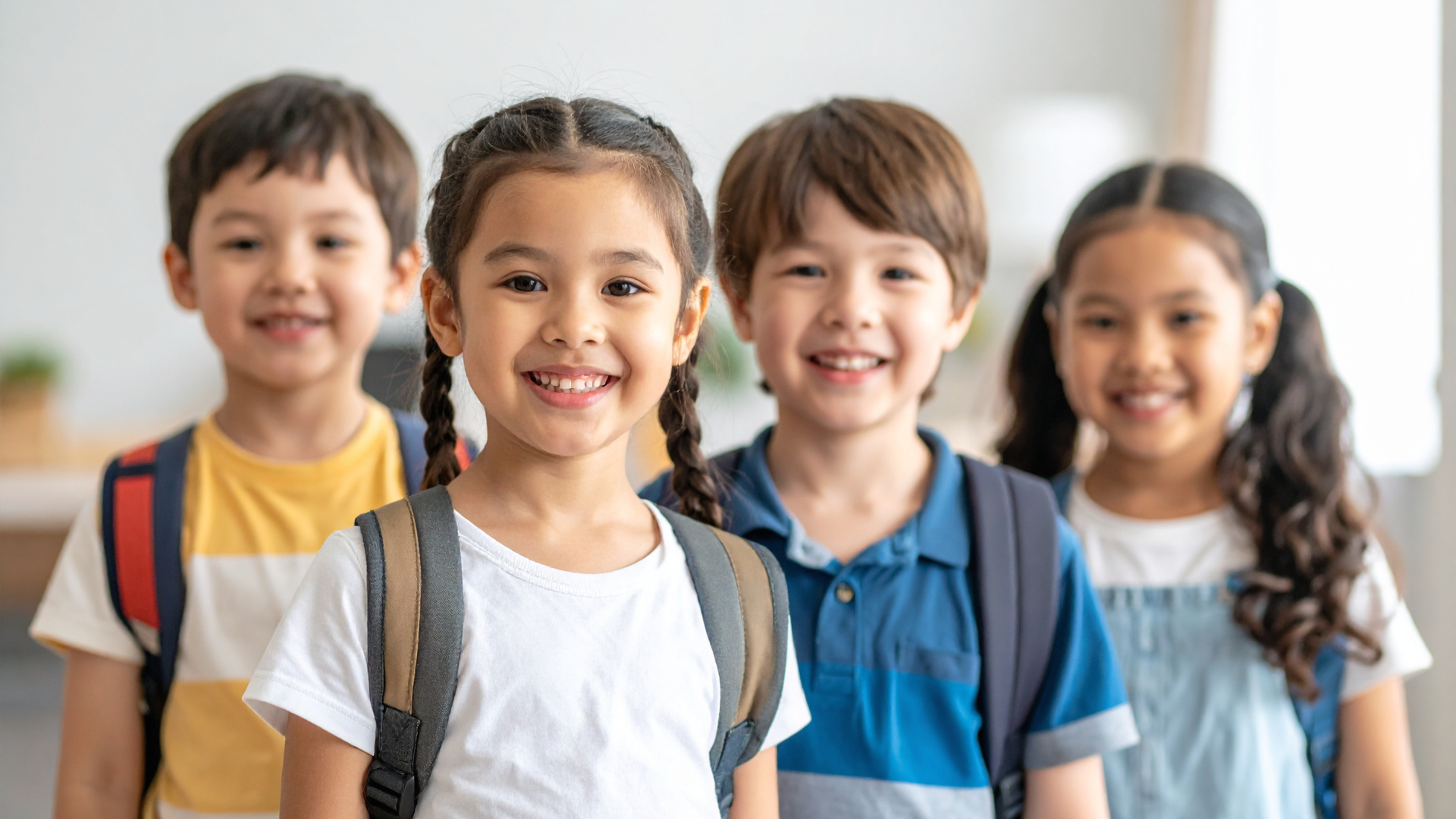Four school children smiling and standing in a classroom, with backpacks.