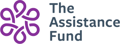 The Assistance Fund logo with purple decorative elements and gray text.