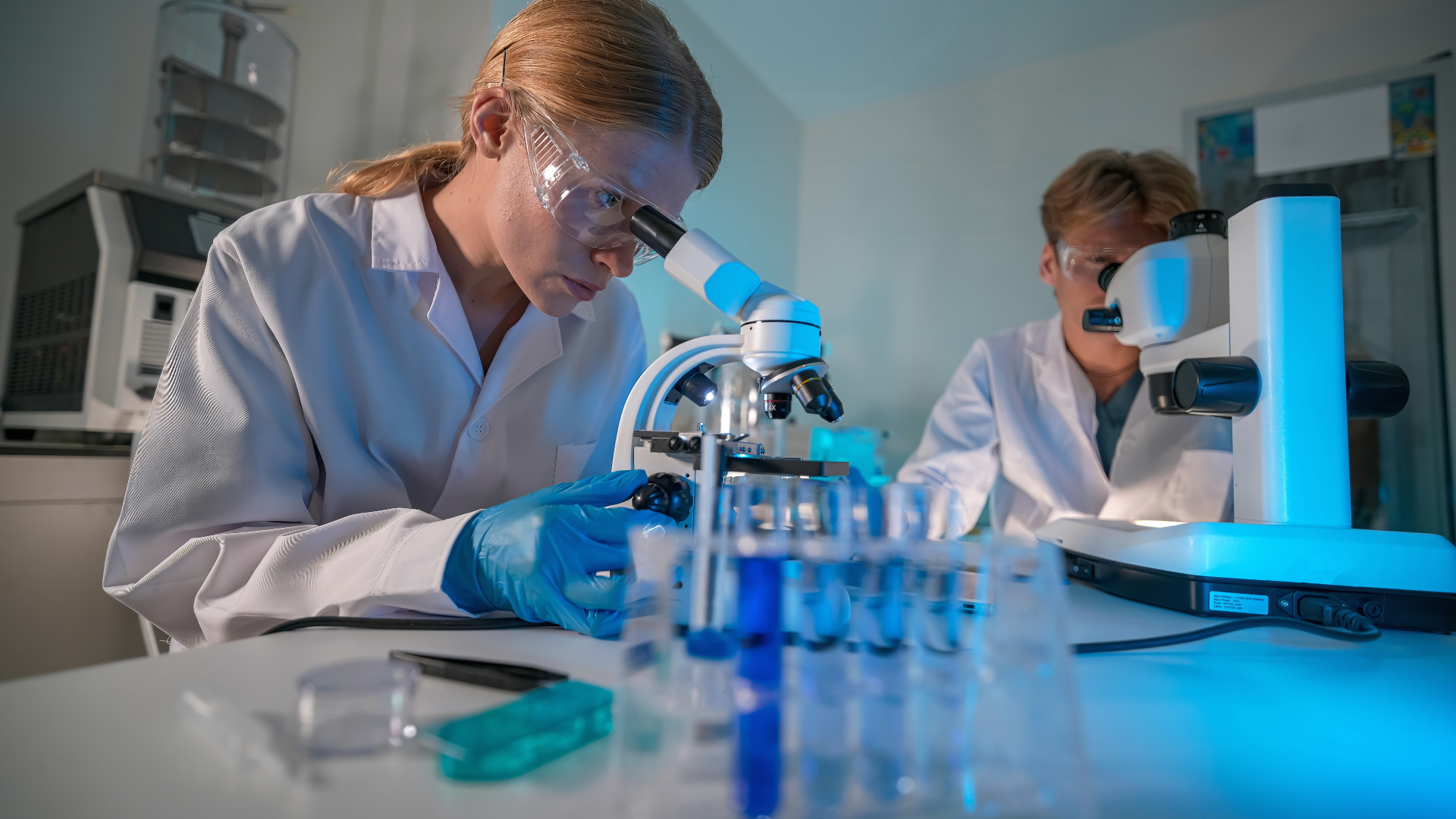 Two scientists working with microscopes in a laboratory, wearing lab coats, safety glasses, and gloves, with test tubes and laboratory equipment on the table.