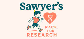 Illustration of a person running, with text reading 'Sawyer's Race for Research' and a heart symbol.