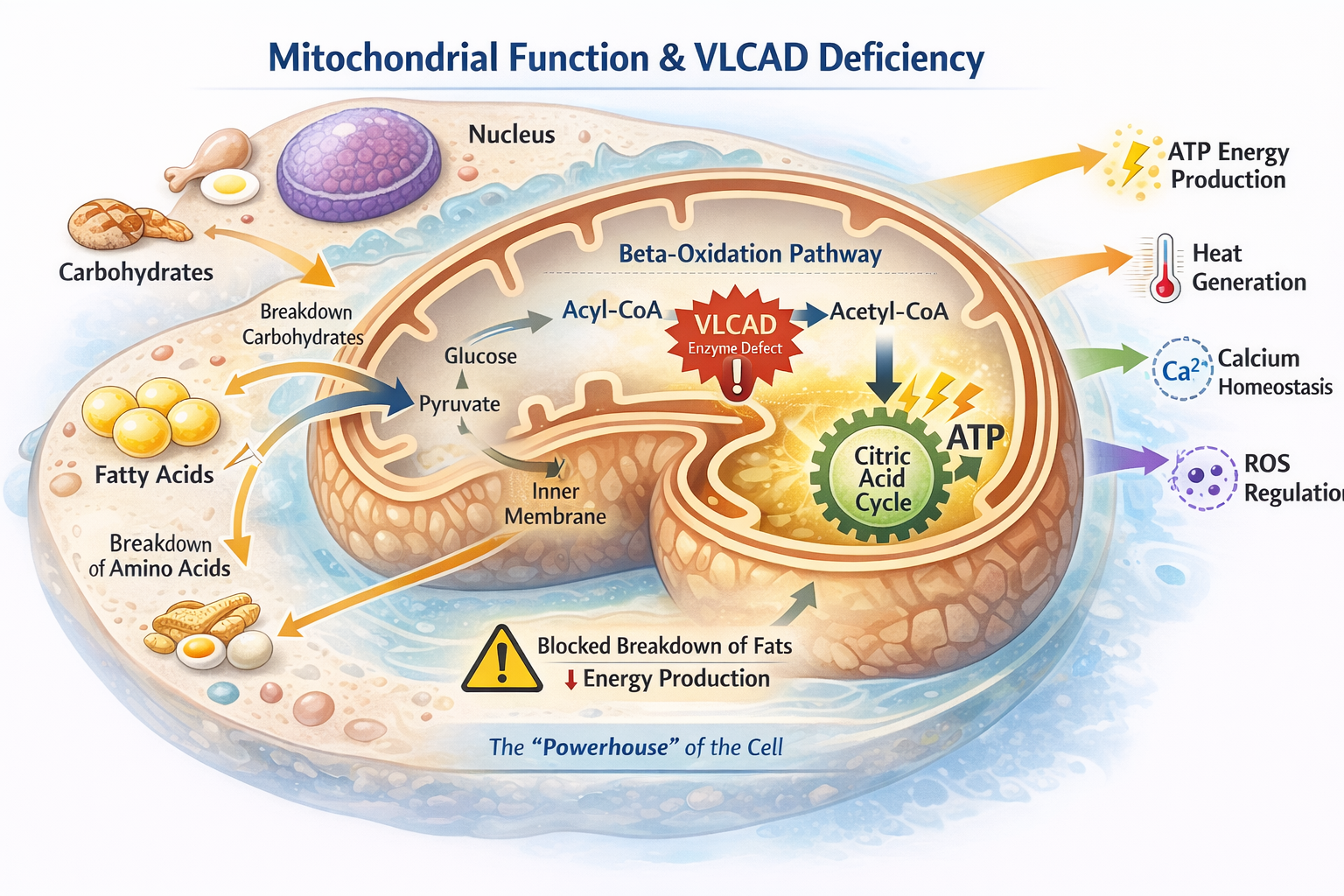 Diagram illustrating mitochondrial function and VLCAD deficiency, showing carbohydrate and fat breakdown for energy, with arrows pointing to ATP production, heat, calcium homeostasis, and ROS regulation, highlighting enzyme defect impact.